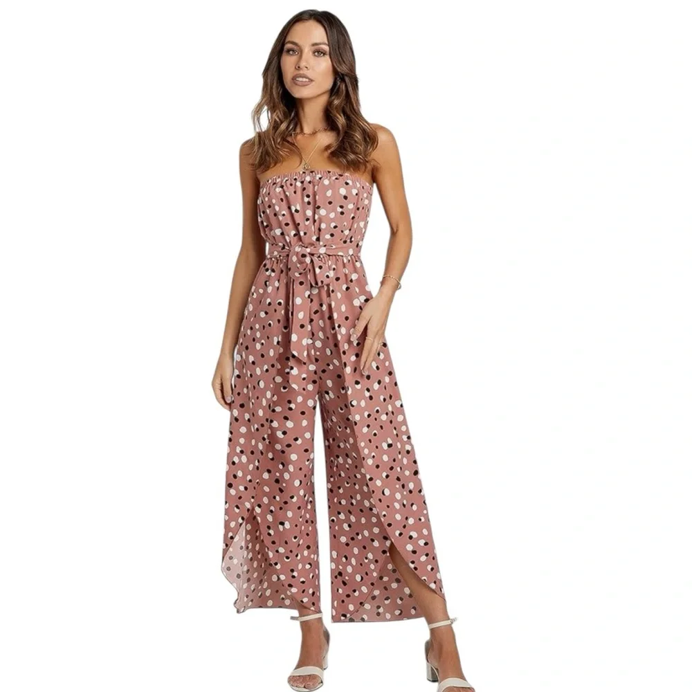 Pink Black Polka Dot Strapless Split Leg Jumpsuit Party S…